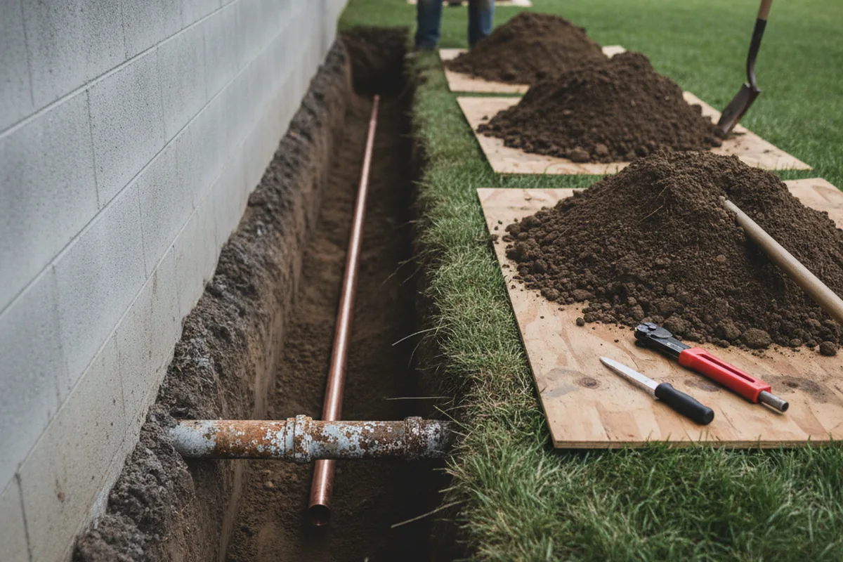 Excavated water line trench during Water Softener Installation in Pascoag